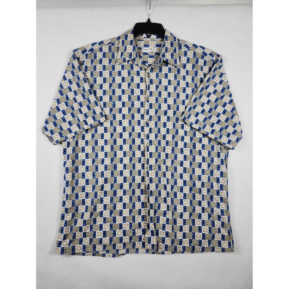 Pierre Cardin Button-up Shirt Mens L 100% Cotton Geometric Plaid Short Sleeve